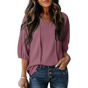 Dokotoo Women Blouses Dressy Casual Embroidered 3/4 Length Sleeve Womens Tops Tassel Tie V Neck Waffle Knit Shirts(Rose Pink)