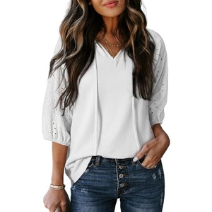 Dokotoo Women Blouses Dressy Casual Embroidered 3/4 Length Sleeve Womens Tops Tassel Tie V Neck Waffle Knit Shirts(White)