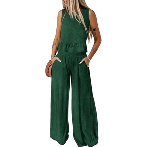 Dokotoo Womens 2 Piece Outfits Tank Tops Elastic Waist Wide Leg Pants Sets(Dark Green)
