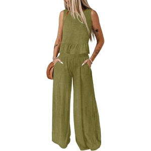 Dokotoo Womens 2 Piece Outfits Tank Tops Elastic Waist Wide Leg Pants Sets(Green)