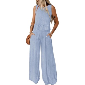 Dokotoo Womens 2 Piece Outfits Tank Tops Elastic Waist Wide Leg Pants Sets(Lignt Blue)
