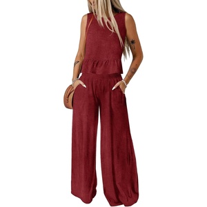 Dokotoo Womens 2 Piece Outfits Tank Tops Elastic Waist Wide Leg Pants Sets(Red)