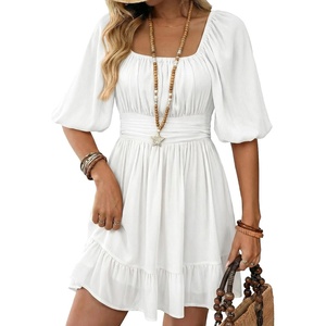 Dokotoo Womens Summer Dresses Square Neck Tie Back Lantern Sleeve Ruffle A-Line Casual Dress(11 White)
