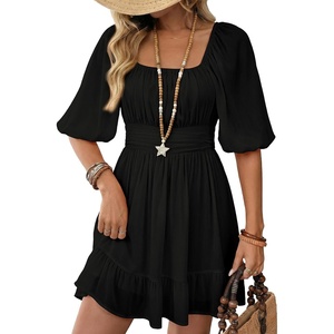 Dokotoo Womens Summer Dresses Square Neck Tie Back Lantern Sleeve Ruffle A-Line Casual Dress(22 Black)