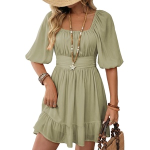 Dokotoo Womens Summer Dresses Square Neck Tie Back Lantern Sleeve Ruffle A-Line Casual Dress(22 Grey)