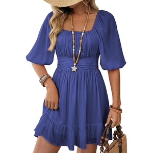 Dokotoo Womens Summer Dresses Square Neck Tie Back Lantern Sleeve Ruffle A-Line Casual Dress(3 Blue)