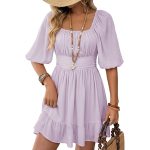 Dokotoo Womens Summer Dresses Square Neck Tie Back Lantern Sleeve Ruffle A-Line Casual Dress(3 Light Purple)