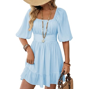 Dokotoo Womens Summer Dresses Square Neck Tie Back Lantern Sleeve Ruffle A-Line Casual Dress(6 Blue)