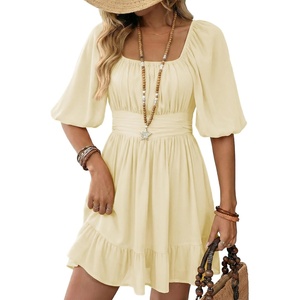 Dokotoo Womens Summer Dresses Square Neck Tie Back Lantern Sleeve Ruffle A-Line Casual Dress(7 Beige)