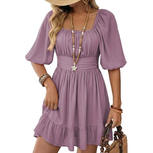 Dokotoo Womens Summer Dresses Square Neck Tie Back Lantern Sleeve Ruffle A-Line Casual Dress(7 Purple)
