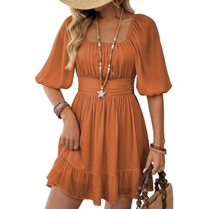 Dokotoo Womens Summer Dresses Square Neck Tie Back Lantern Sleeve Ruffle A-Line Casual Dress(8 Brown)