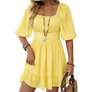 Dokotoo Womens Summer Dresses Square Neck Tie Back Lantern Sleeve Ruffle A-Line Casual Dress(8a Yellow)