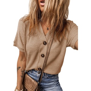 Dokotoo Womens Summer Tops 2026 Waffle Knit Button Down Shirts(Beige)