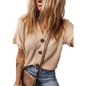 Dokotoo Womens Summer Tops 2026 Waffle Knit Button Down Shirts(Brown)