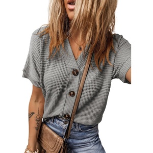 Dokotoo Womens Summer Tops 2026 Waffle Knit Button Down Shirts(Grey)