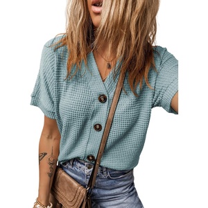Dokotoo Womens Summer Tops 2026 Waffle Knit Button Down Shirts(Iceland Blue)