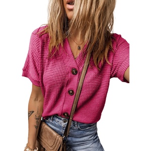 Dokotoo Womens Summer Tops 2026 Waffle Knit Button Down Shirts(Red)
