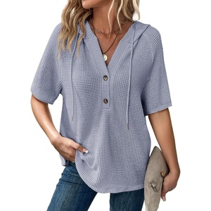 Dokotoo Womens Summer Tops Waffle Knit Short Sleeve Lightweight Drawstring Hoodies Button V Neck Casual Blouses Shirts(Beau Blue)