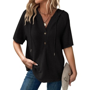 Dokotoo Womens Summer Tops Waffle Knit Short Sleeve Lightweight Drawstring Hoodies Button V Neck Casual Blouses Shirts(Black)