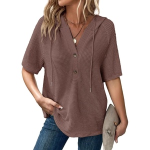 Dokotoo Womens Summer Tops Waffle Knit Short Sleeve Lightweight Drawstring Hoodies Button V Neck Casual Blouses Shirts(Coffee)