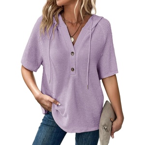 Dokotoo Womens Summer Tops Waffle Knit Short Sleeve Lightweight Drawstring Hoodies Button V Neck Casual Blouses Shirts(Light Purple)