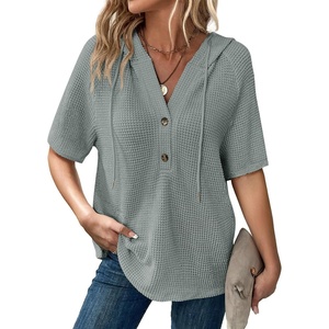 Dokotoo Womens Summer Tops Waffle Knit Short Sleeve Lightweight Drawstring Hoodies Button V Neck Casual Blouses Shirts(Mist Green)