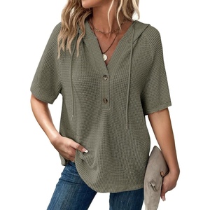 Dokotoo Womens Summer Tops Waffle Knit Short Sleeve Lightweight Drawstring Hoodies Button V Neck Casual Blouses Shirts(Moss Green)