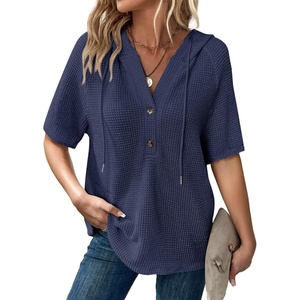 Dokotoo Womens Summer Tops Waffle Knit Short Sleeve Lightweight Drawstring Hoodies Button V Neck Casual Blouses Shirts(Navy Blue)