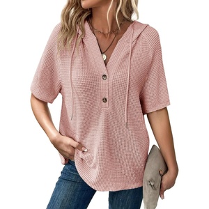 Dokotoo Womens Summer Tops Waffle Knit Short Sleeve Lightweight Drawstring Hoodies Button V Neck Casual Blouses Shirts(Pink)