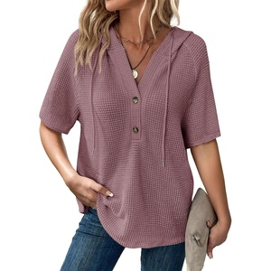 Dokotoo Womens Summer Tops Waffle Knit Short Sleeve Lightweight Drawstring Hoodies Button V Neck Casual Blouses Shirts(Purple)