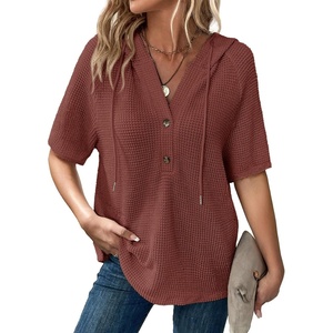 Dokotoo Womens Summer Tops Waffle Knit Short Sleeve Lightweight Drawstring Hoodies Button V Neck Casual Blouses Shirts(Red)