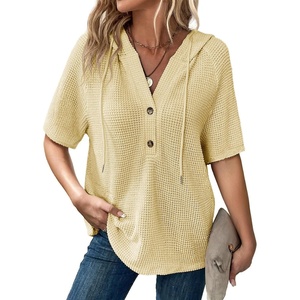 Dokotoo Womens Summer Tops Waffle Knit Short Sleeve Lightweight Drawstring Hoodies Button V Neck Casual Blouses Shirts(Yellow)