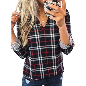 Dokotoo Womens Tops Plaid Cotton Cuffed 3/4 Sleeve Shirts Blouses(Black)