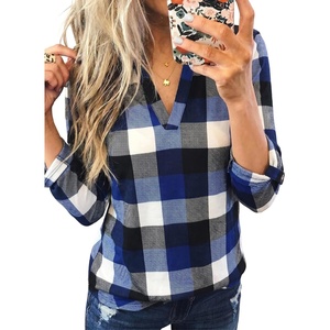 Dokotoo Womens Tops Plaid Cotton Cuffed 3/4 Sleeve Shirts Blouses(Blue)