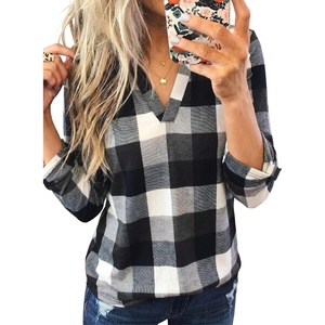 Dokotoo Womens Tops Plaid Cotton Cuffed 3/4 Sleeve Shirts Blouses(Gray)