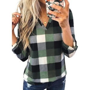 Dokotoo Womens Tops Plaid Cotton Cuffed 3/4 Sleeve Shirts Blouses(Green 2)