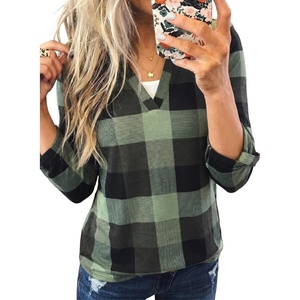Dokotoo Womens Tops Plaid Cotton Cuffed 3/4 Sleeve Shirts Blouses(Green 3)