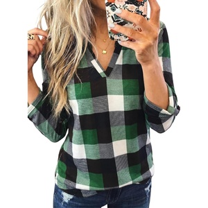 Dokotoo Womens Tops Plaid Cotton Cuffed 3/4 Sleeve Shirts Blouses(Green)