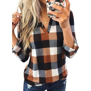 Dokotoo Womens Tops Plaid Cotton Cuffed 3/4 Sleeve Shirts Blouses(Orange)
