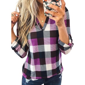 Dokotoo Womens Tops Plaid Cotton Cuffed 3/4 Sleeve Shirts Blouses(Purple)