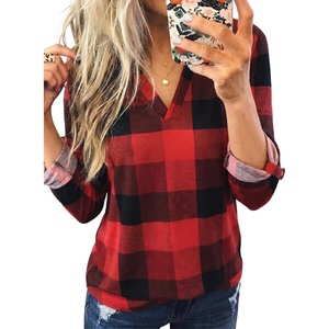 Dokotoo Womens Tops Plaid Cotton Cuffed 3/4 Sleeve Shirts Blouses(Red 2)