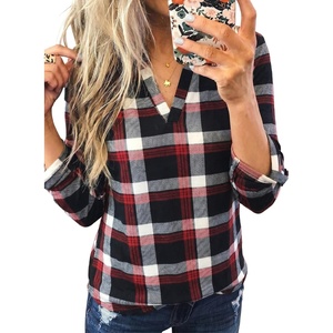 Dokotoo Womens Tops Plaid Cotton Cuffed 3/4 Sleeve Shirts Blouses(Red 3)