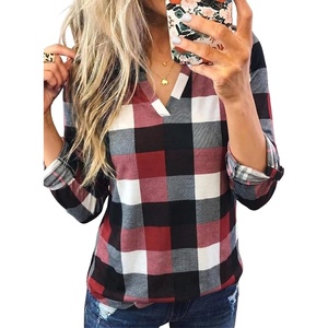 Dokotoo Womens Tops Plaid Cotton Cuffed 3/4 Sleeve Shirts Blouses(Red)