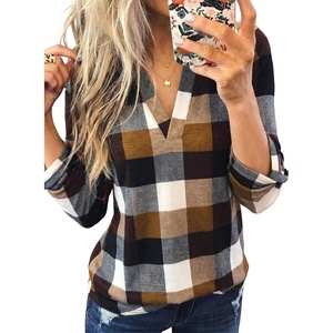 Dokotoo Womens Tops Plaid Cotton Cuffed 3/4 Sleeve Shirts Blouses(Yellow)