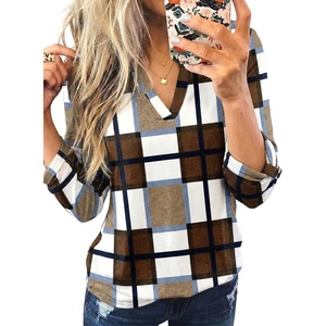 Dokotoo Womens Tops Plaid Cotton Cuffed 3/4 Sleeve Shirts Blouses(Z Brown)