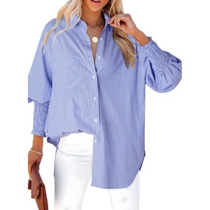 Dokotoo Womens V Neck Striped Button Down Shirts Long Sleeve Tunic Tops(Blue)
