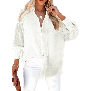 Dokotoo Womens V Neck Striped Button Down Shirts Long Sleeve Tunic Tops(Khaki)