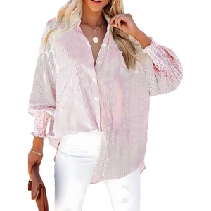 Dokotoo Womens V Neck Striped Button Down Shirts Long Sleeve Tunic Tops(Red)
