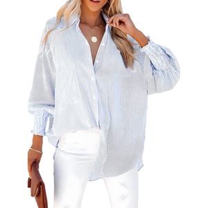 Dokotoo Womens V Neck Striped Button Down Shirts Long Sleeve Tunic Tops(Sky Blue)