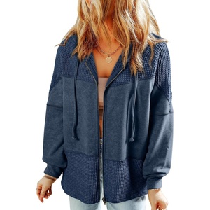 Dokotoo Womens Waffle Knit Hoodies Zip Up Drawstring Oversized Jackets(Blue)